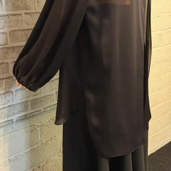 The Row SIlk Sheer Black Tie Open Back Top size XS Bishop Sleeves Tunic Length
